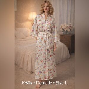 Vintage 1980s Dentelle Floral Satin Robe Full Length Pockets L